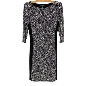 Lauren Ralph Lauren | Dress Black White 3/4 Sleeves Stretch Ruched- Size 10